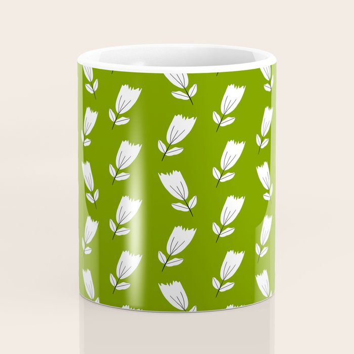 Dancing White Floral Pattern - Green Background Coffee Mug Gallery Image 4