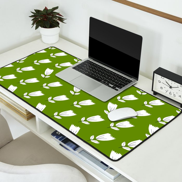 Dancing White Floral Pattern - Green Background Desk Mat Gallery Image 2