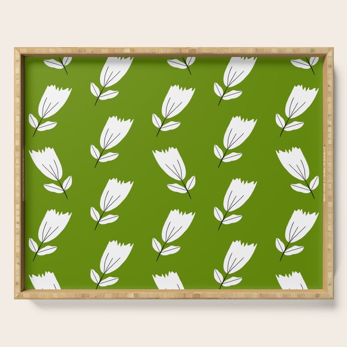Dancing White Floral Pattern - Green Background Serving Tray Gallery Image 1