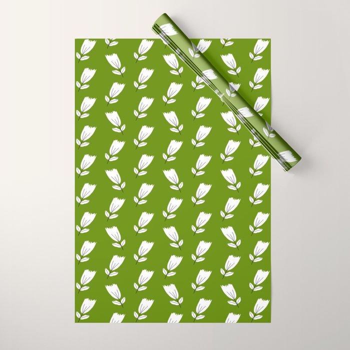 Dancing White Floral Pattern - Green Background Wrapping Paper Gallery Image 1
