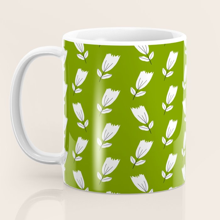 Dancing White Floral Pattern - Green Background Coffee Mug Gallery Image 3