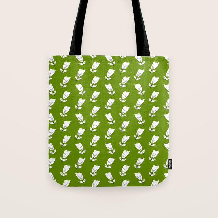 Dancing White Floral Pattern - Green Background Tote Bag Gallery Image 1