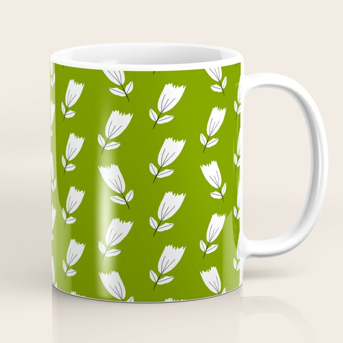 Dancing White Floral Pattern - Green Background Coffee Mug Gallery Image 1