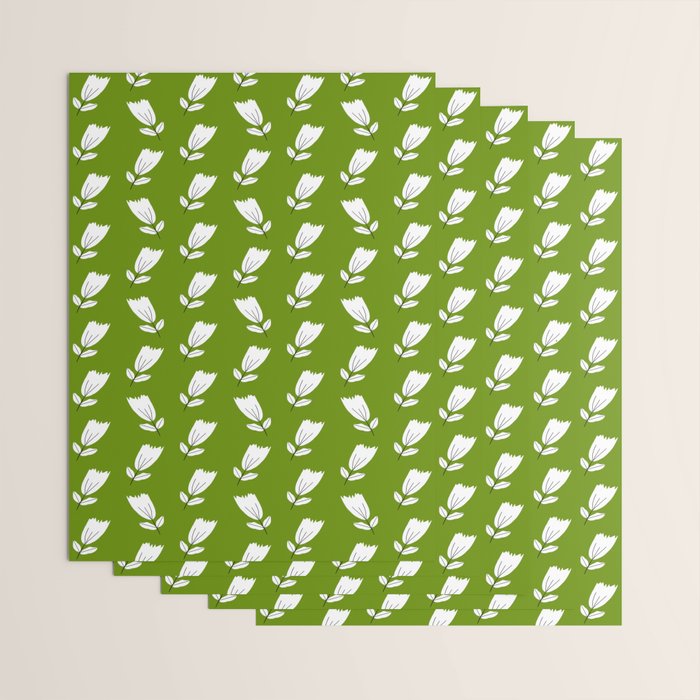 Dancing White Floral Pattern - Green Background Wrapping Paper Gallery Image 3