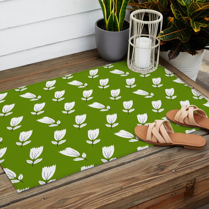 Dancing White Floral Pattern - Green Background Outdoor Rug Gallery Image 2