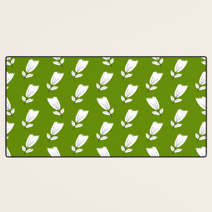 Dancing White Floral Pattern - Green Background Desk Mat Gallery Image 3