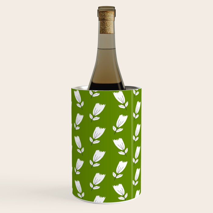 Dancing White Floral Pattern - Green Background Wine Chiller Gallery Image 2
