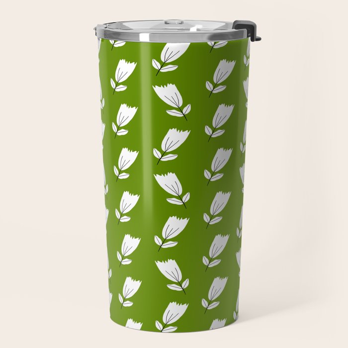 Dancing White Floral Pattern - Green Background Travel Mug Gallery Image 2