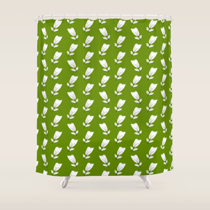 Dancing White Floral Pattern - Green Background Shower Curtain Gallery Image 1