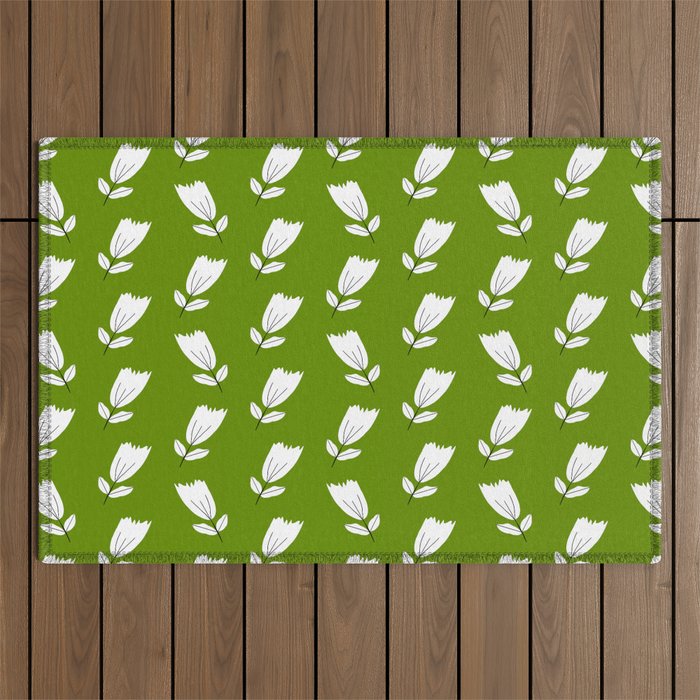 Dancing White Floral Pattern - Green Background Outdoor Rug Gallery Image 1