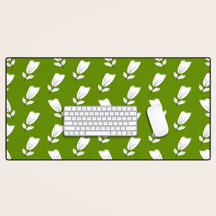 Dancing White Floral Pattern - Green Background Desk Mat Gallery Image 1