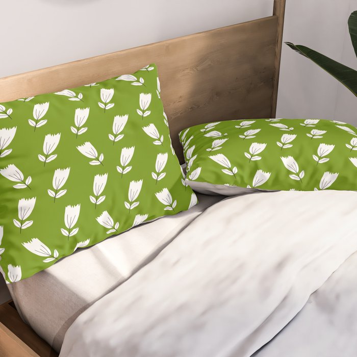 Dancing White Floral Pattern - Green Background Pillow Sham Gallery Image 2