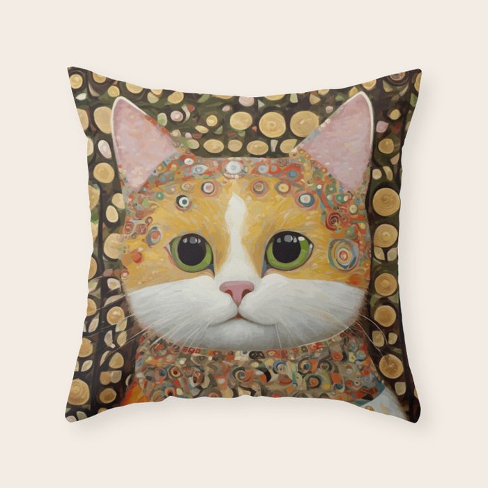 Gustav Klimt Style Cat with Green Eyes Throw Pillow Gallery Image 6