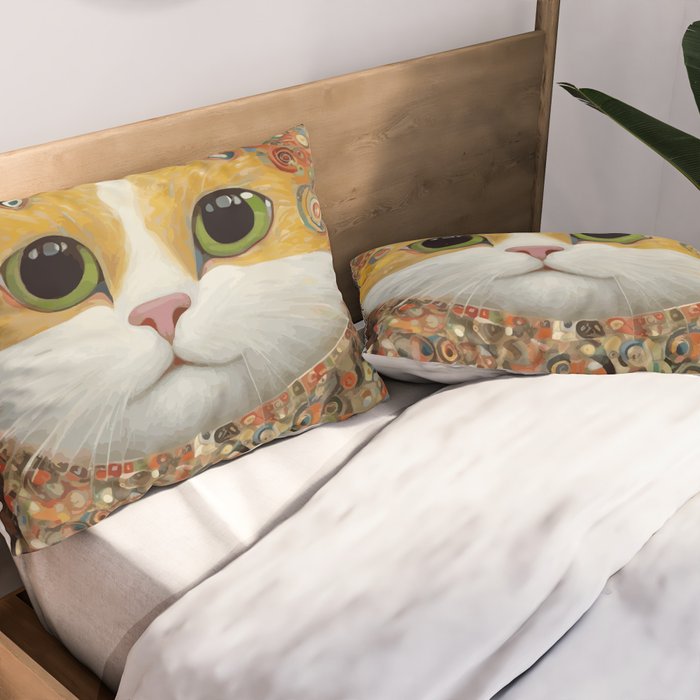 Gustav Klimt Style Cat with Green Eyes Pillow Sham Gallery Image 2