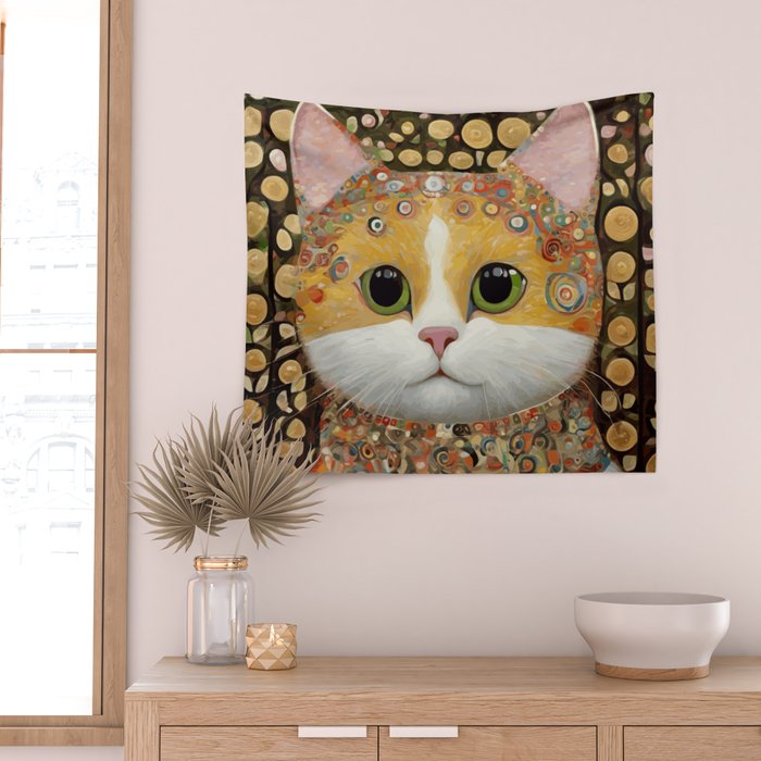 Gustav Klimt Style Cat with Green Eyes Wall Tapestry Gallery Image 2