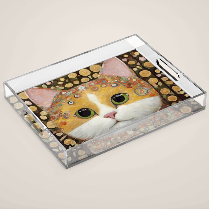 Gustav Klimt Style Cat with Green Eyes Acrylic Tray Gallery Image 1