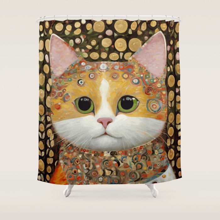 Gustav Klimt Style Cat with Green Eyes Shower Curtain Gallery Image 1