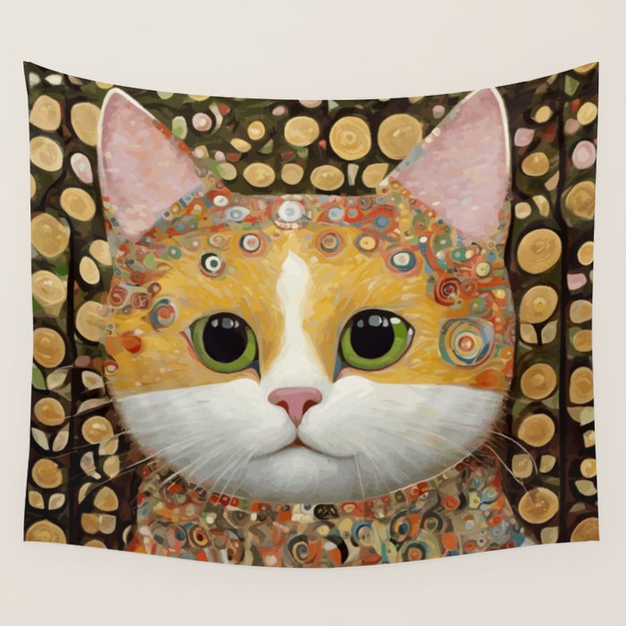Gustav Klimt Style Cat with Green Eyes Wall Tapestry Gallery Image 4