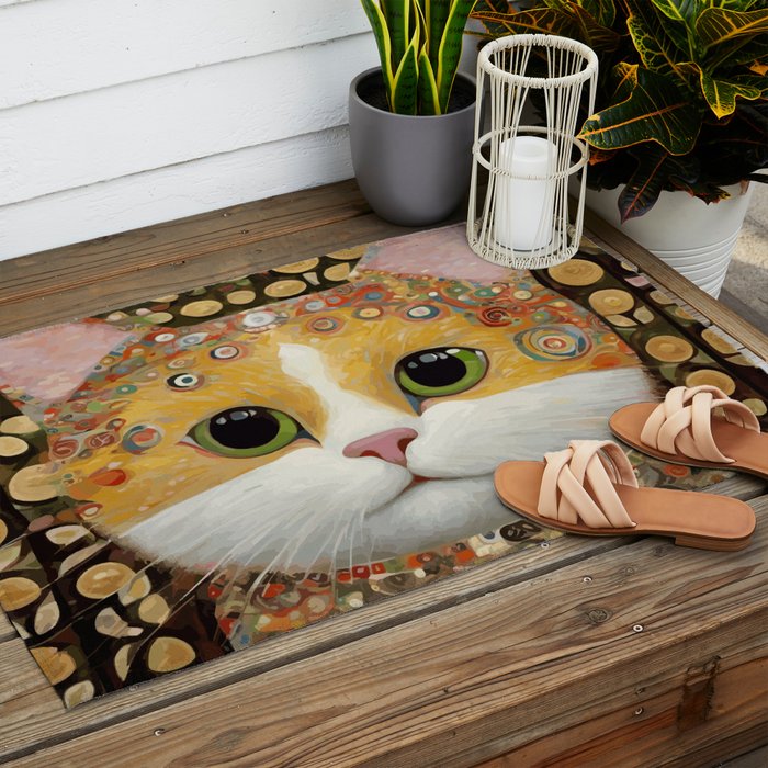 Gustav Klimt Style Cat with Green Eyes Outdoor Rug Gallery Image 2