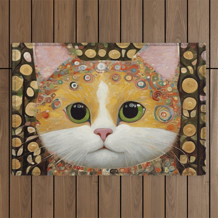 Gustav Klimt Style Cat with Green Eyes Outdoor Rug Gallery Image 1