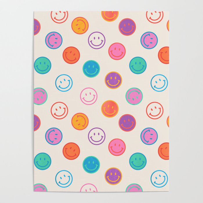 Retro Rainbow Smiling Faces Pattern Poster Gallery Image 1