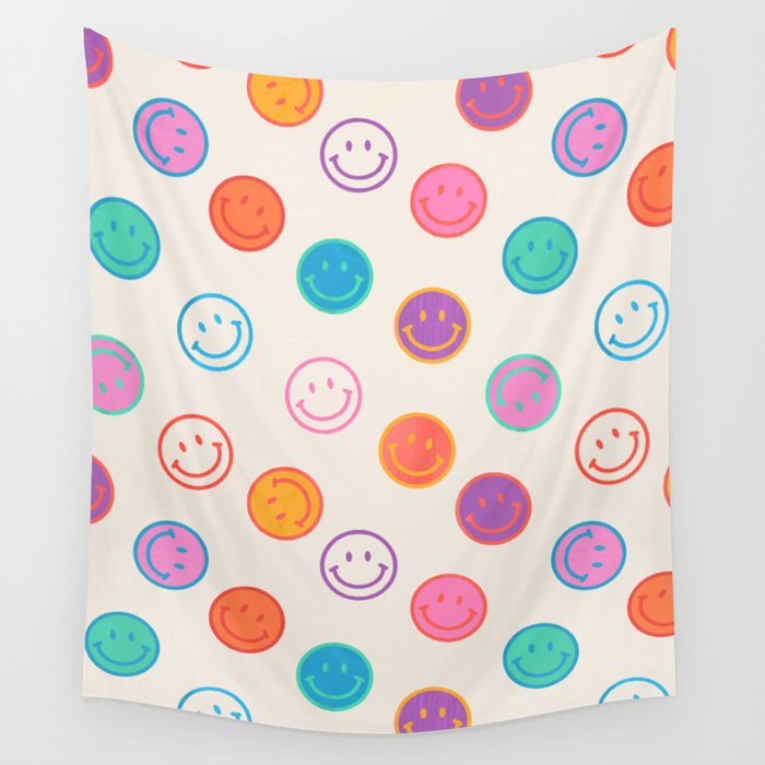 Retro Rainbow Smiling Faces Pattern Wall Tapestry Gallery Image 4