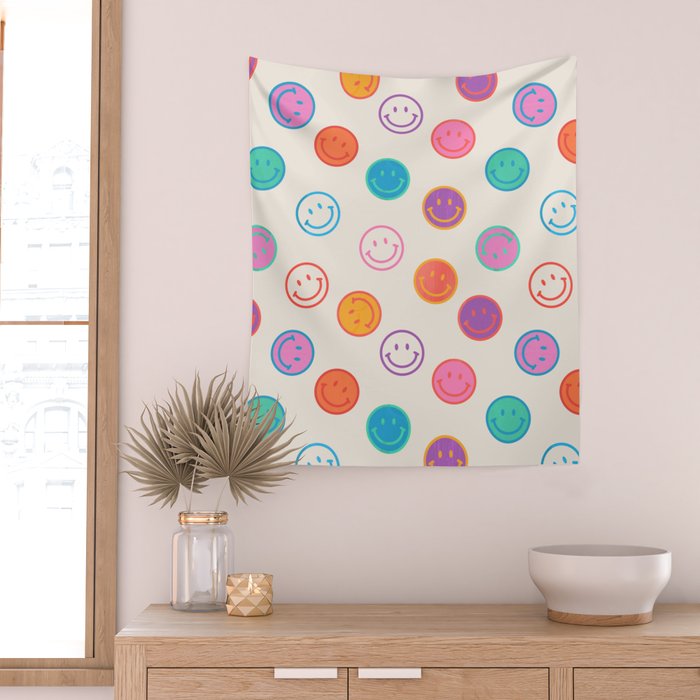 Retro Rainbow Smiling Faces Pattern Wall Tapestry Gallery Image 2