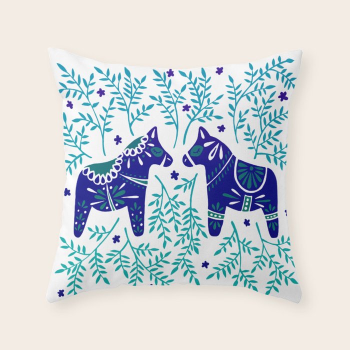 Swedish Dala Horses - Navy & Blue Palette Throw Pillow Gallery Image 1