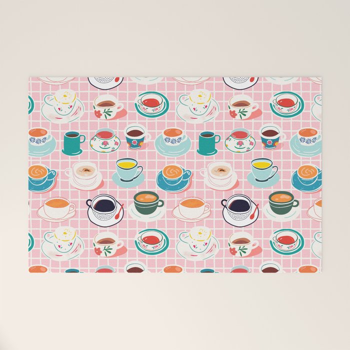 Retro hand drawn coffee tea cup pattern Welcome Mat Gallery Image 1