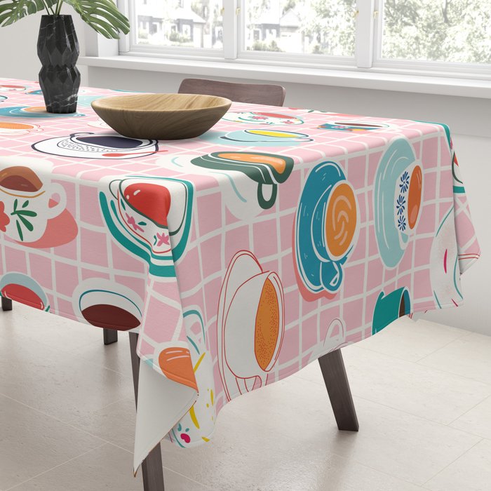 Retro hand drawn coffee tea cup pattern Tablecloth Gallery Image 3