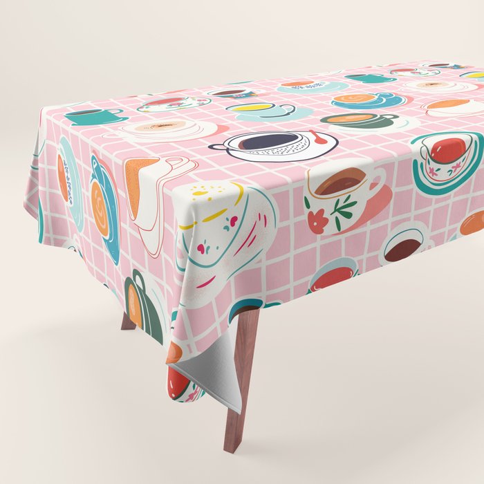 Retro hand drawn coffee tea cup pattern Tablecloth Gallery Image 1