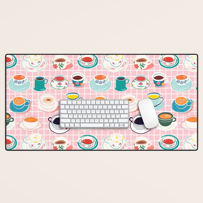 Retro hand drawn coffee tea cup pattern Desk Mat Gallery Image 1