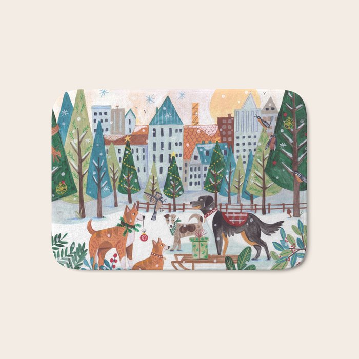 Christmas Dogs in the City Park Bath Mat Gallery Image 1