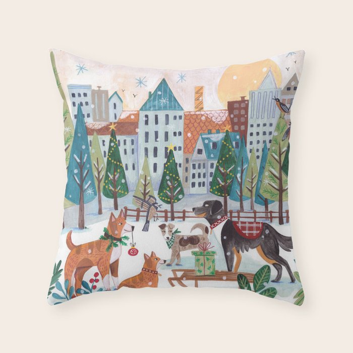 Christmas Dogs in the City Park Throw Pillow Gallery Image 6