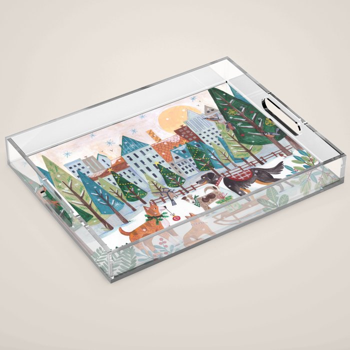 Christmas Dogs in the City Park Acrylic Tray Gallery Image 1