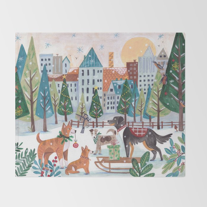 Christmas Dogs in the City Park Throw Blanket Gallery Image 2