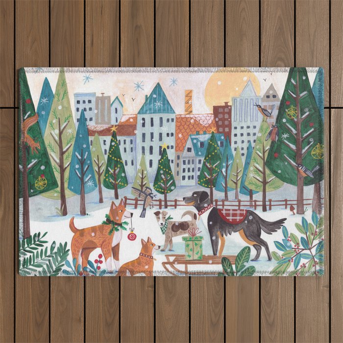 Christmas Dogs in the City Park Outdoor Rug Gallery Image 1