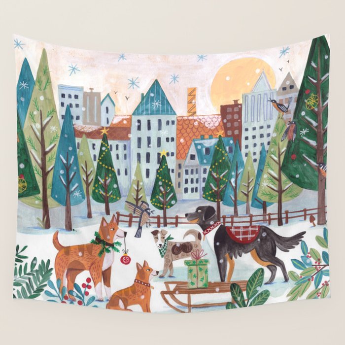 Christmas Dogs in the City Park Wall Tapestry Gallery Image 4