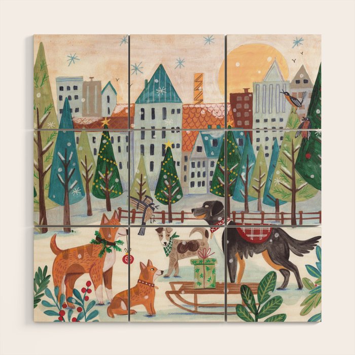 Christmas Dogs in the City Park Wood Wall Art Gallery Image 1