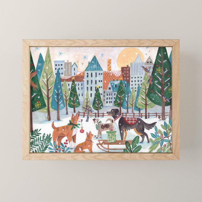 Christmas Dogs in the City Park Mini Art Print Gallery Image 1
