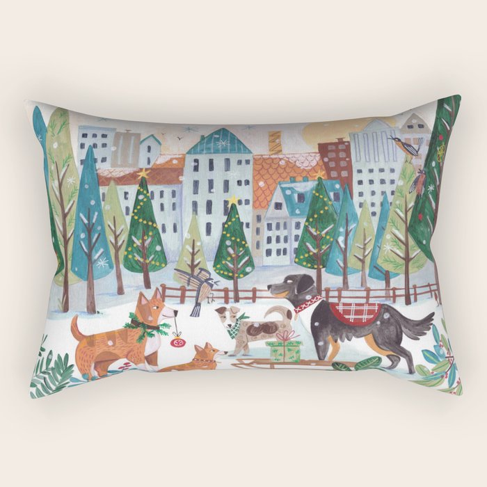 Christmas Dogs in the City Park Rectangular Pillow Gallery Image 1