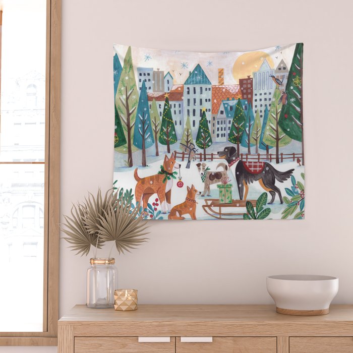 Christmas Dogs in the City Park Wall Tapestry Gallery Image 2