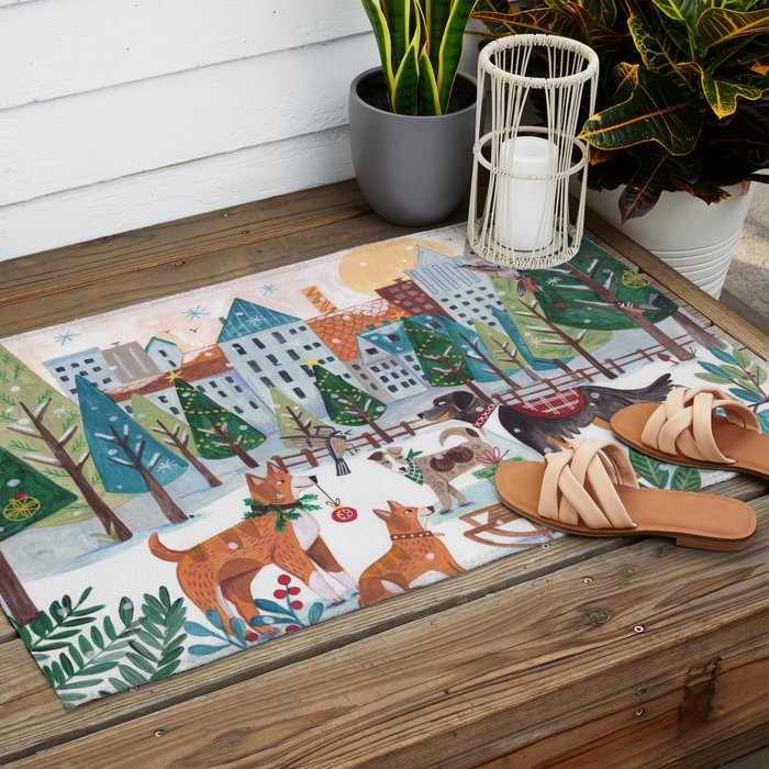 Christmas Dogs in the City Park Outdoor Rug Gallery Image 2