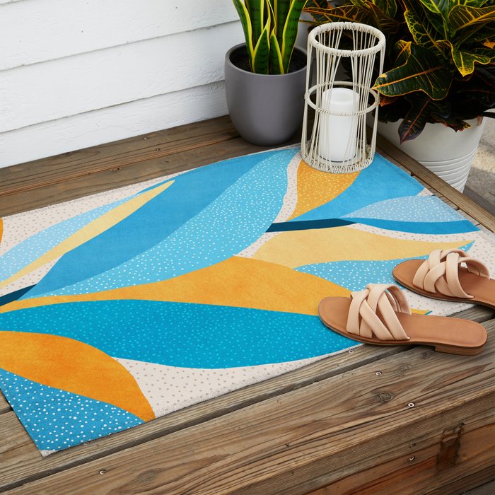 Colorful Blue and Yellow Abstract Botanical Outdoor Rug Gallery Image 2