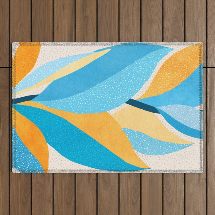 Colorful Blue and Yellow Abstract Botanical Outdoor Rug Gallery Image 1