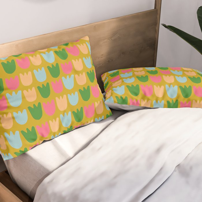 Rows of Tulips in Bloom in Yellow Ochre & Peach Pillow Sham Gallery Image 2