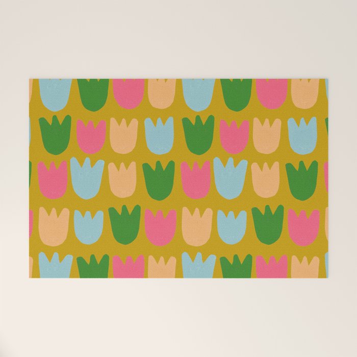 Rows of Tulips in Bloom in Yellow Ochre & Peach Welcome Mat Gallery Image 1