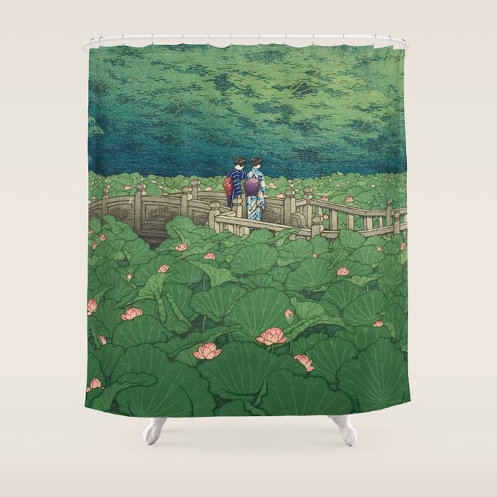 Lotus Pond At Benten Shrine, Shiba By Kawase Hasui - Vintage Japanese Woodblock Print Art Shower Curtain Gallery Image 1