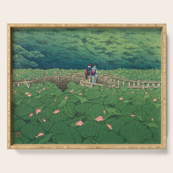 Lotus Pond At Benten Shrine, Shiba By Kawase Hasui - Vintage Japanese Woodblock Print Art Serving Tray Gallery Image 1