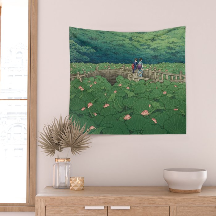 Lotus Pond At Benten Shrine, Shiba By Kawase Hasui - Vintage Japanese Woodblock Print Art Wall Tapestry Gallery Image 2